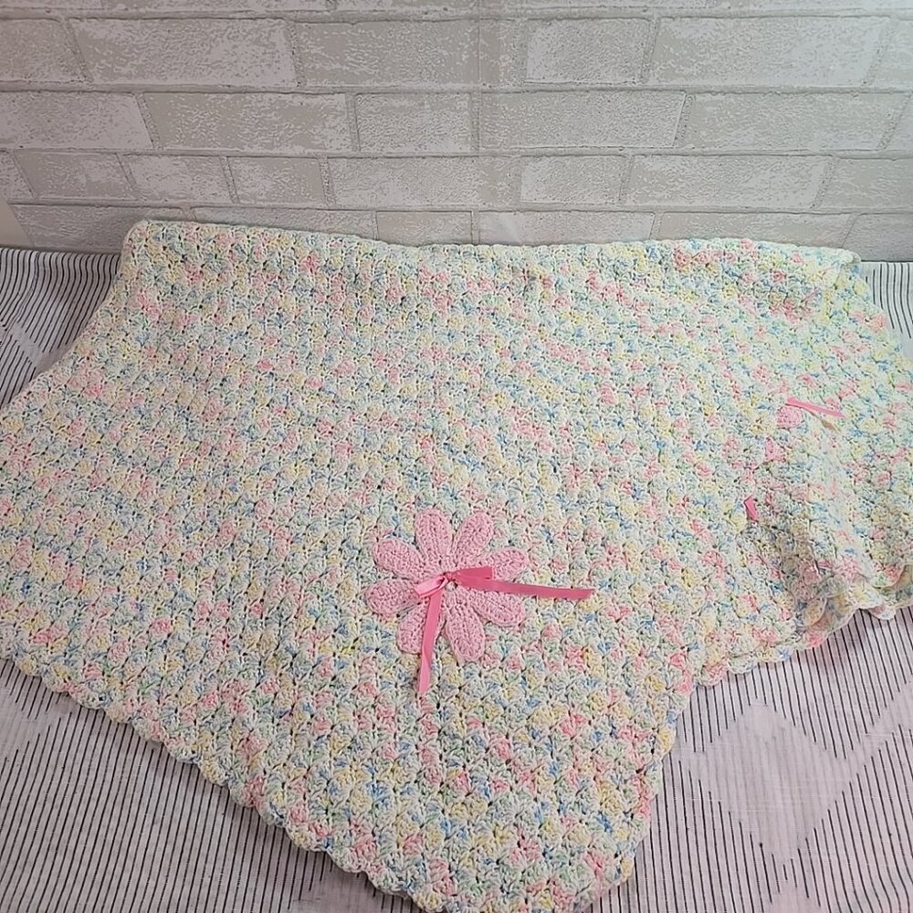 Handmade Crochet Pastel Pink Flowers Ribbons Baby Girl Blanket Afghan 44"x54"